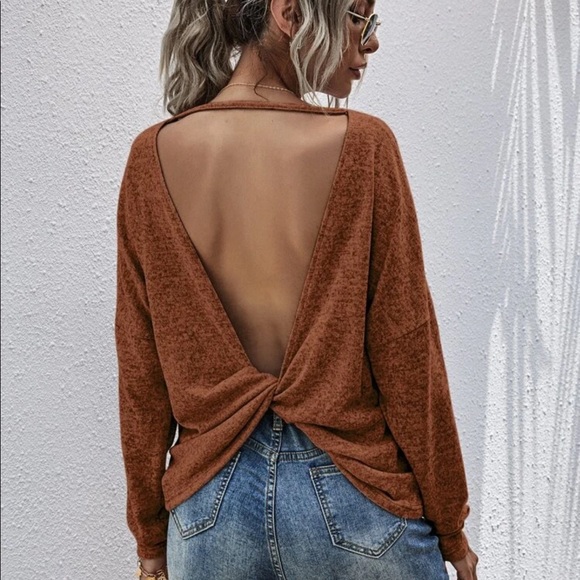 Twist back long sleeve sexy fall top burgundy red - Picture 3 of 6